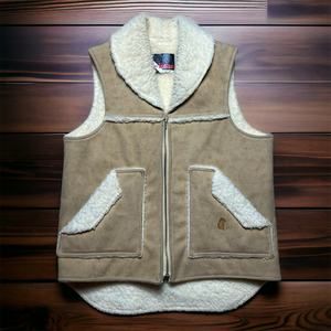 VINTAGE 80s Faux Leather Medium Sherpa Lined Western Vest Rancher Tan Cowboy